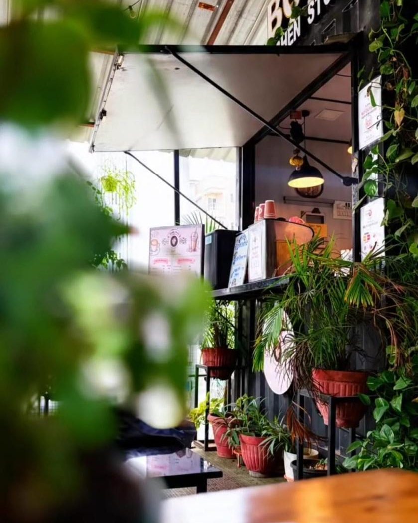 The cafe counter seen through green leaves, with potted plants all around